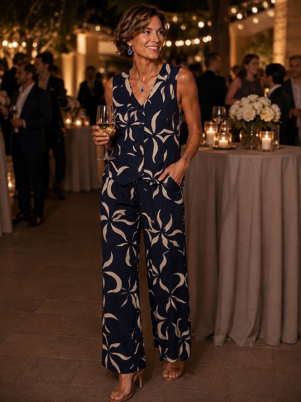 Sleeveless Navy Printed Wide-Leg Pantsuit